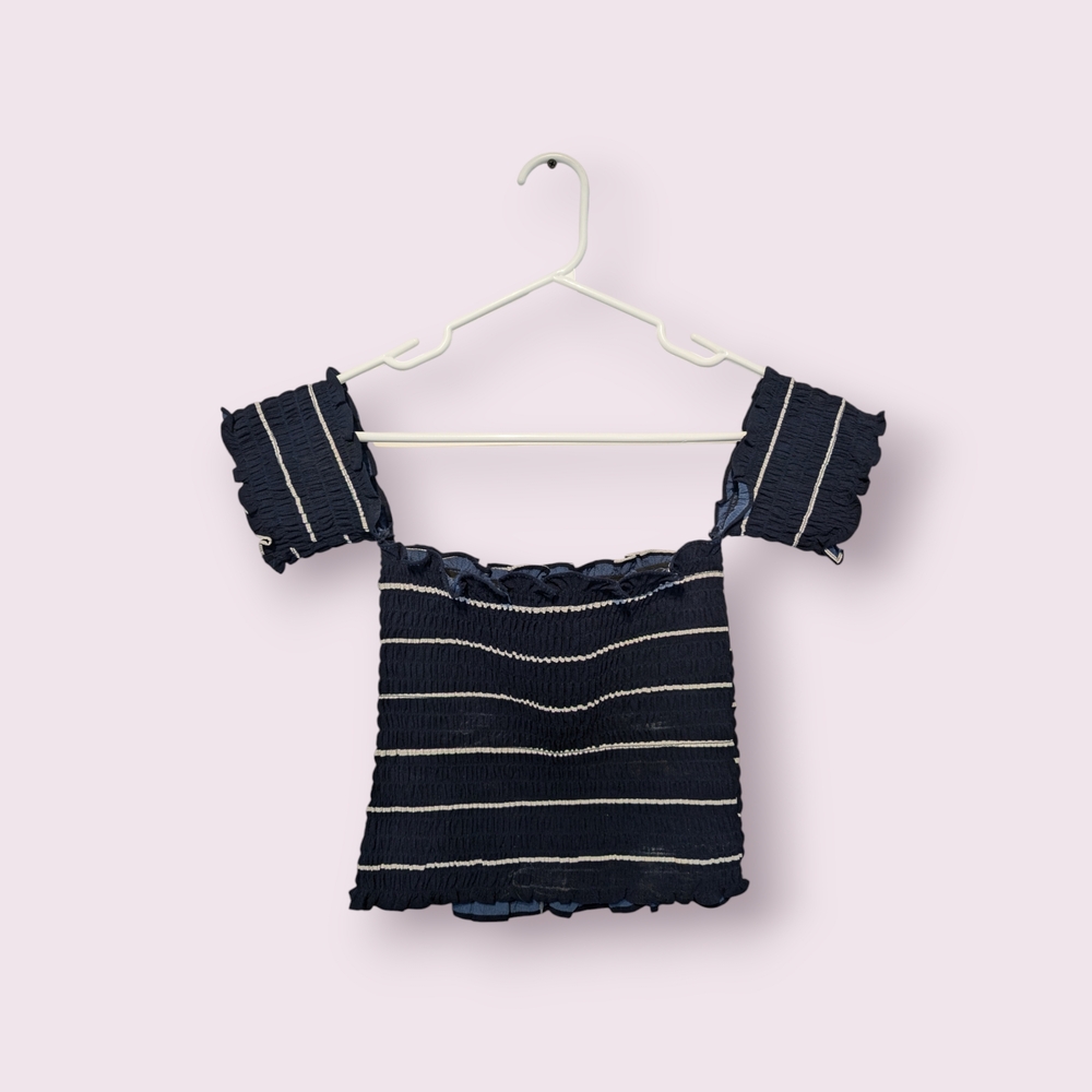Blue and White Fitted Ruffled Crop Top with Cap Sleeves